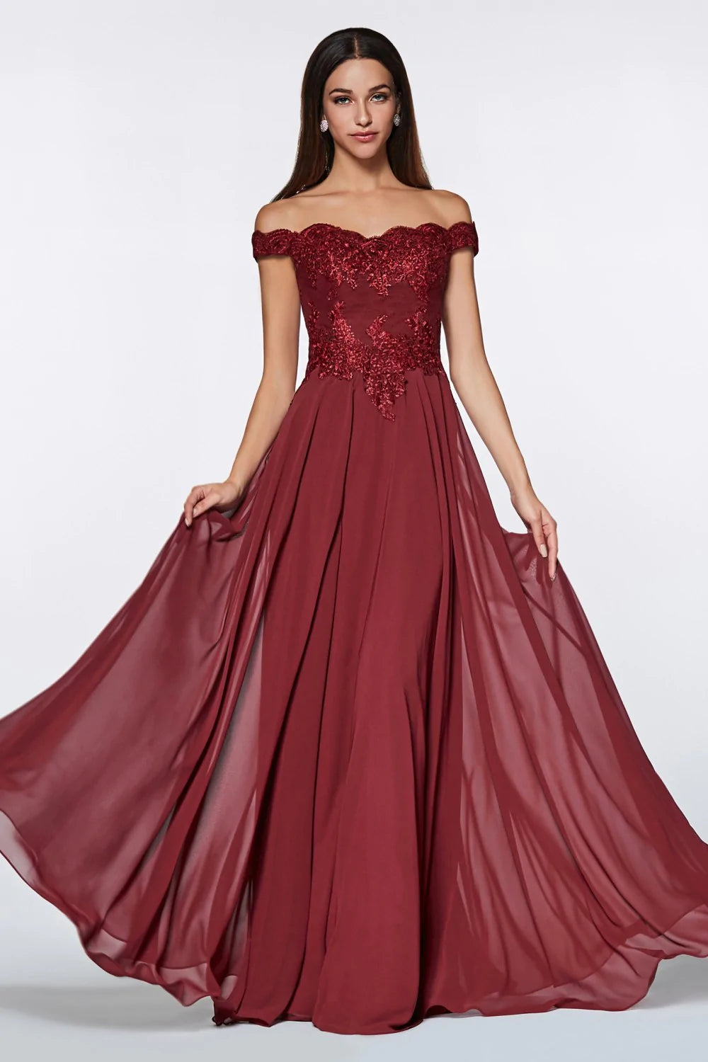 10966B burgundy off the shoulder lace bodice gown with flowy skirt.