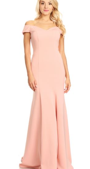 11010 Dusty Rose. Off shoulder, luxury crepe, fit and flare.