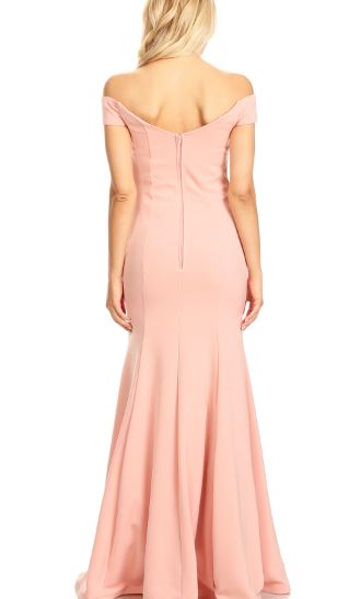 11010 Dusty Rose. Off shoulder, luxury crepe, fit and flare.