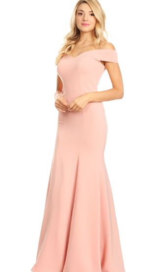11010 Dusty Rose. Off shoulder, luxury crepe, fit and flare.