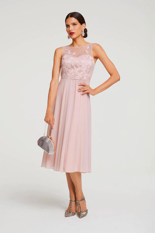 11076 blush, modest, chiffon and lace midi.