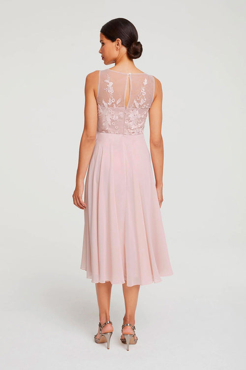 11076 blush, modest, chiffon and lace midi.
