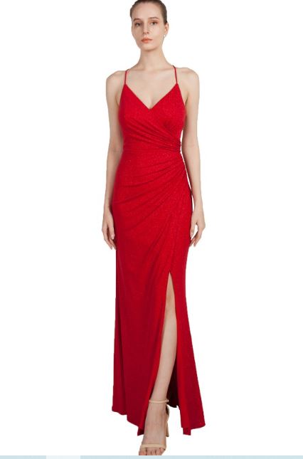 11080R Soft red sparkle low open back. V neck. Split.