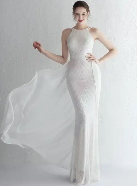 11108 Off white sequin fit and flare with small chiffon detachable train. Size 14