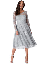 11135S Silver-grey soft tulle and lace. Long sleeve midi dress. Size 8.