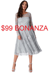 11135S Silver-grey soft tulle and lace. Long sleeve midi dress. Size 8.