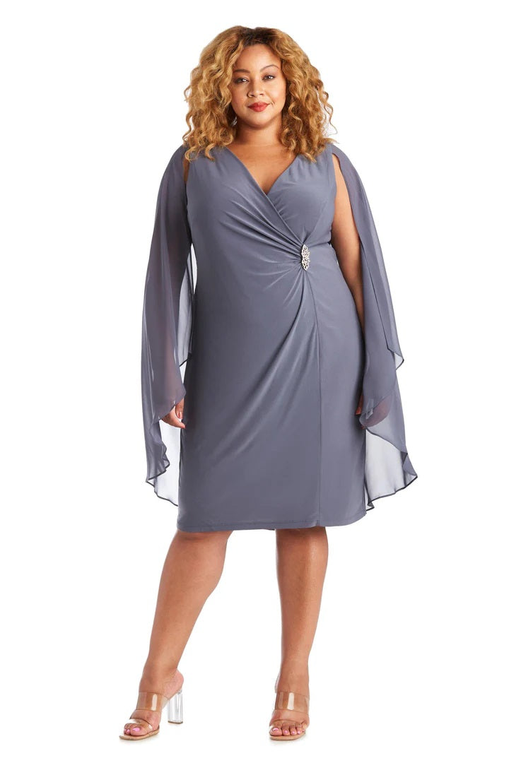 11145SB Steel Blue, chiffon, knee length dress with attached cape.