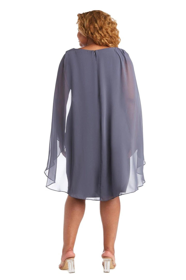 11145SB Steel Blue, chiffon, knee length dress with attached cape.