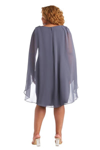 11145SB Steel Blue, chiffon, knee length dress with attached cape. Size 24