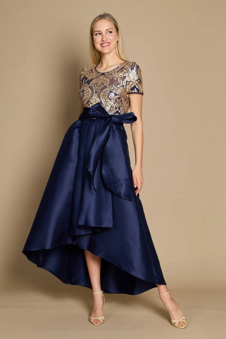 11150 Navy, high low, mikado satin skirt and sequined top.