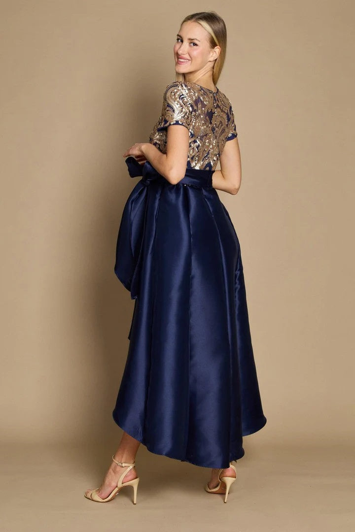 11150 Navy, high low, mikado satin skirt and sequined top.