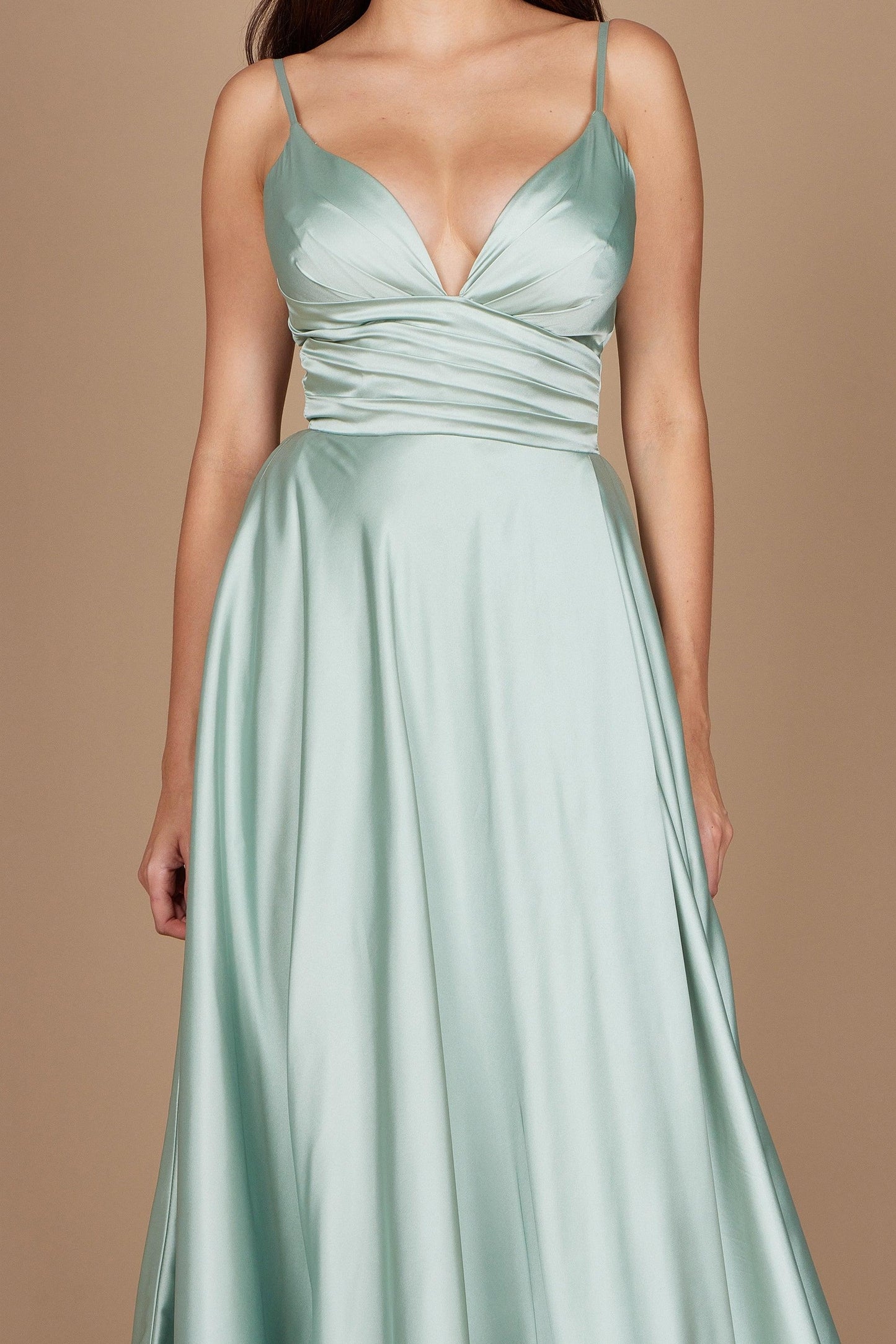11161 Sage A-line satin gown. Split and deep sweetheart.