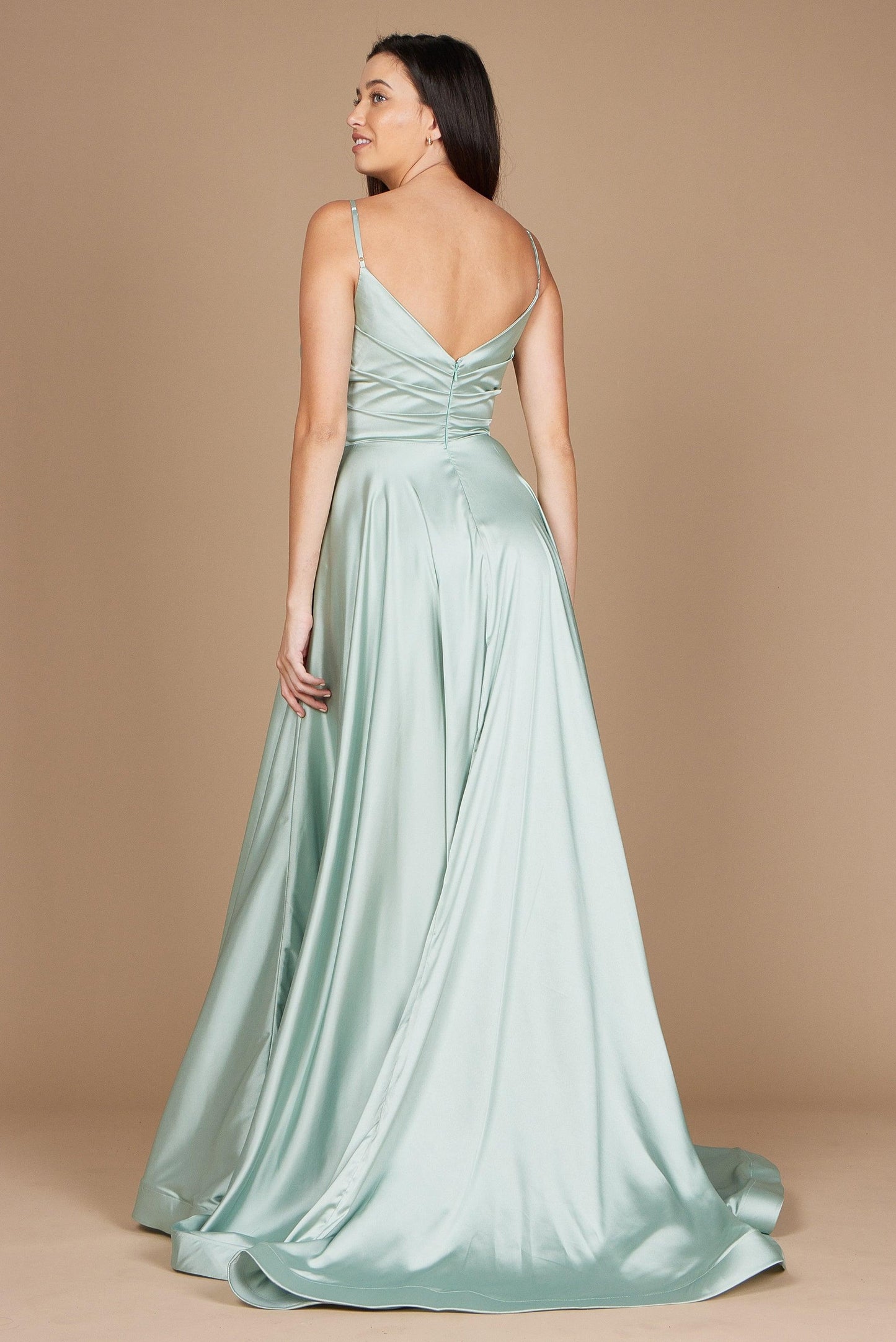 11161 Sage A-line satin gown. Split and deep sweetheart.
