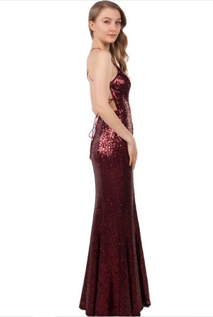 11176 Soft burgundy stretch sequin. Low open back.