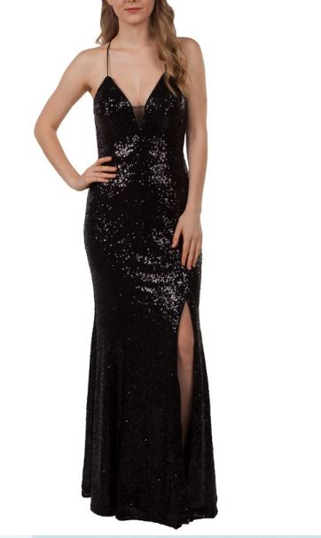 11176B Soft black stretch sequin. Low open back.