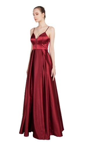 11177 Burgundy satin A-line ball gown.