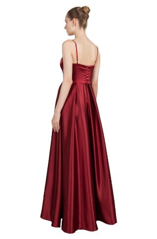 11177 Burgundy satin A-line ball gown.