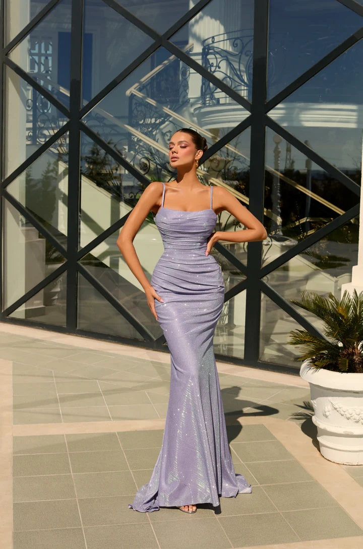 11181 Nicoletta JX4010. Semi fitted. Violet soft sparkle. Modest neckline.