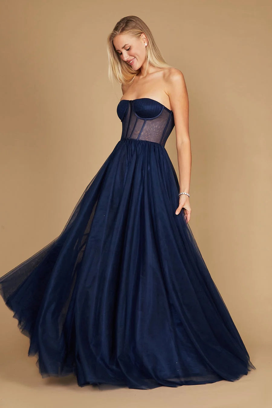 11371 Navy blue tulle princess ball gown with corset bodice.