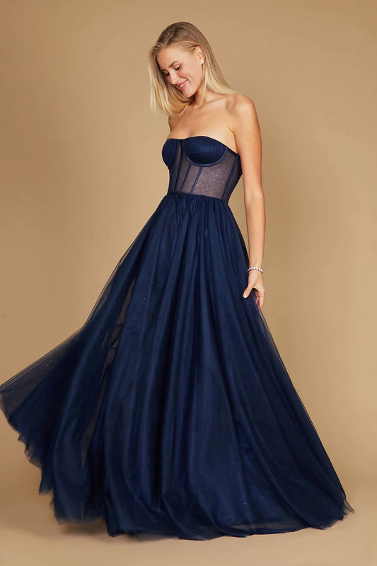 11371 Navy blue tulle princess ball gown with corset bodice.