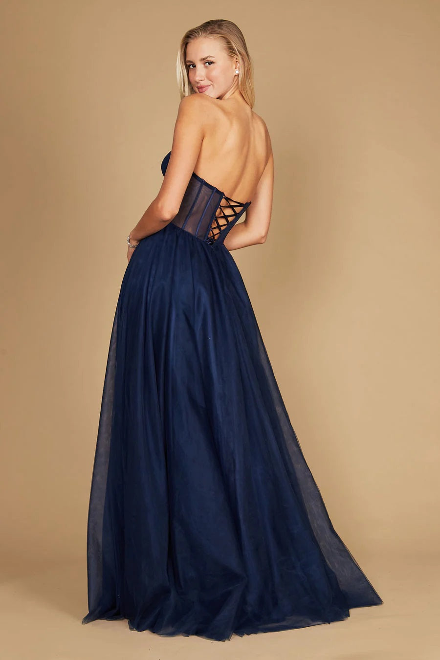 11371 Navy blue tulle princess ball gown with corset bodice.