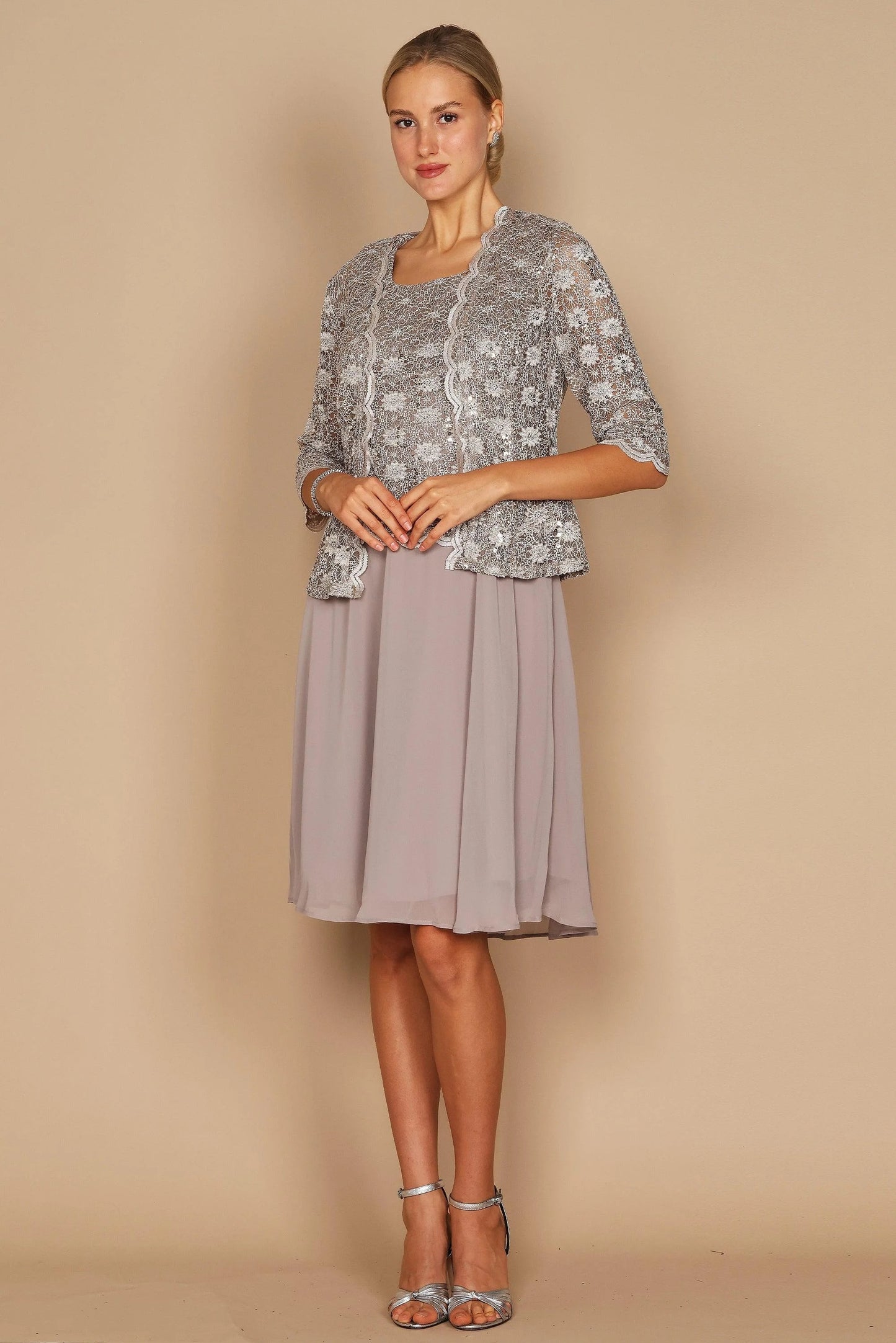 11233 Elegant 2 piece. Mocha with lace bodice and matching jacket. Size 24