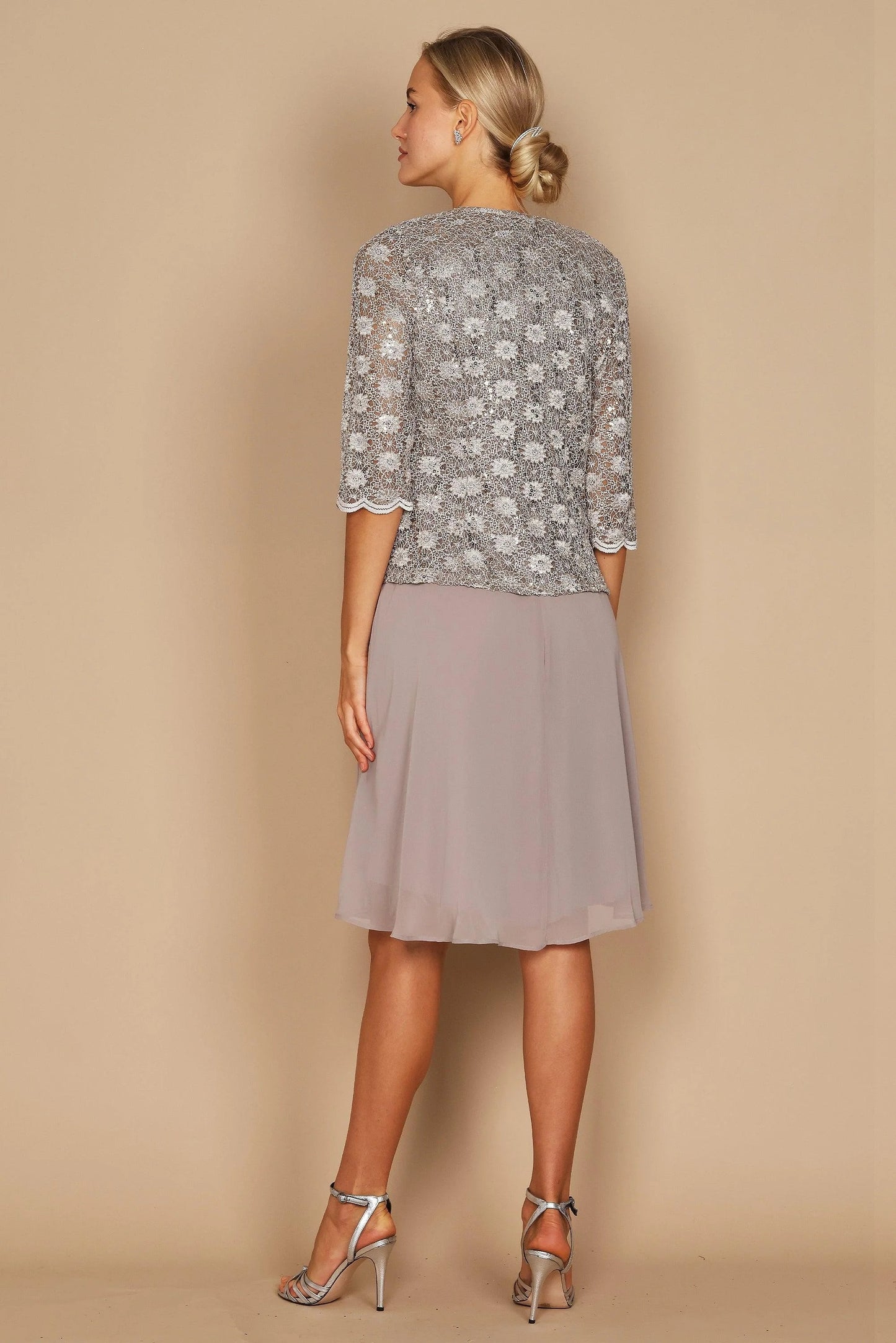 11233 Elegant 2 piece. Mocha with lace bodice and matching jacket. Size 24