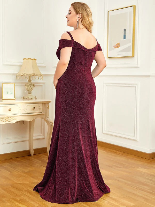 11247 Burgundy. Fit and flare with off shoulder detail. Size 22