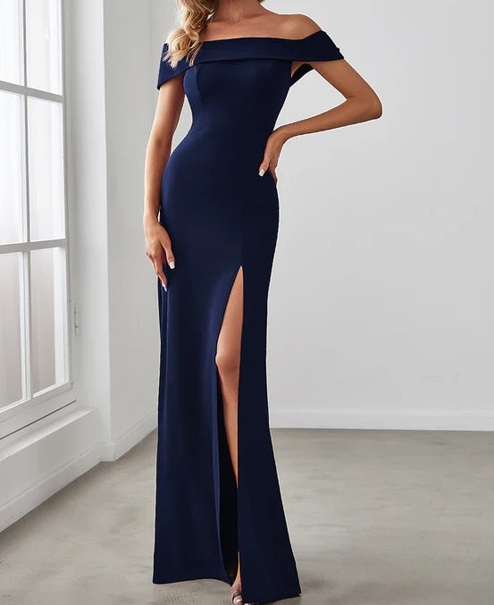 11261 Navy crepe off shoulder. Split. Size 16