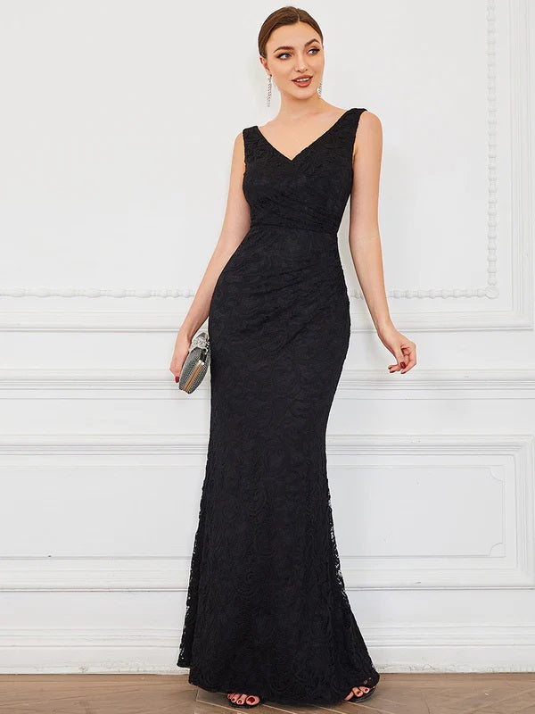 11263 Simple, elegant black lace v neck with soft rouching