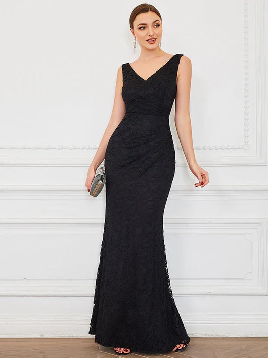 11263 Simple, elegant black lace v neck with soft rouching
