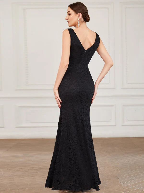 11263 Simple, elegant black lace v neck with soft rouching