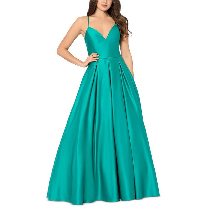 11267 Teal satin princess, shoe-string straps, lace up back