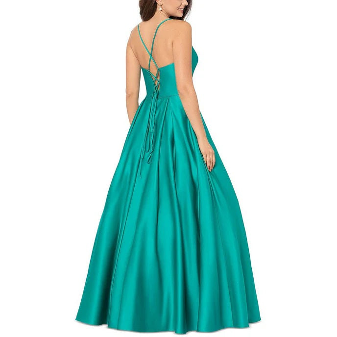 11267 Teal satin princess, shoe-string straps, lace up back