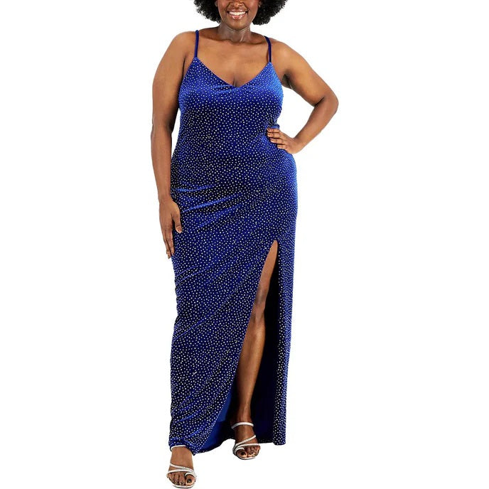 11281. Elegant royal blue velvet. Semi fitted with split.
