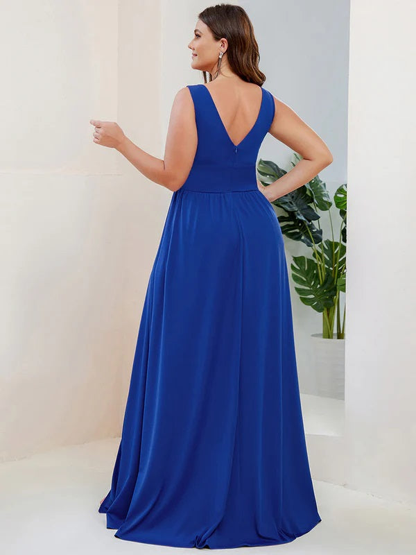 11301 Royal blue. Maxi length gown. Stretch crepe. V neck.