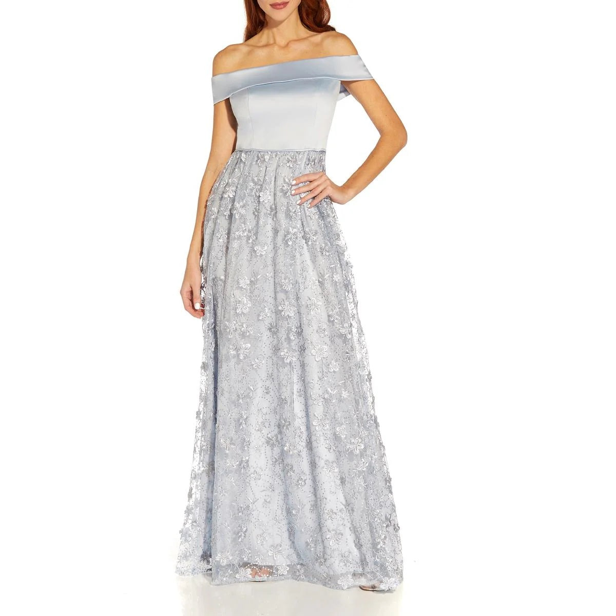 11316 Opal satin off shoulder bodice. A line, floral skirt.