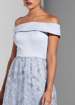 11316 Opal satin off shoulder bodice. A line, floral skirt.