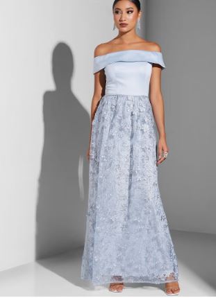 11316 Opal satin off shoulder bodice. A line, floral skirt.