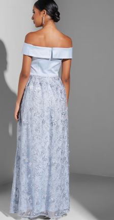 11316 Opal satin off shoulder bodice. A line, floral skirt.