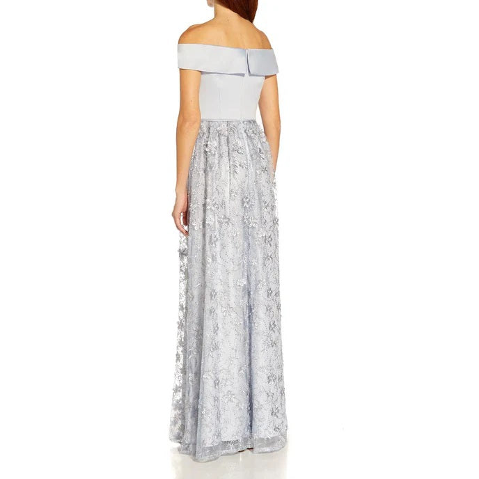 11316 Opal satin off shoulder bodice. A line, floral skirt.