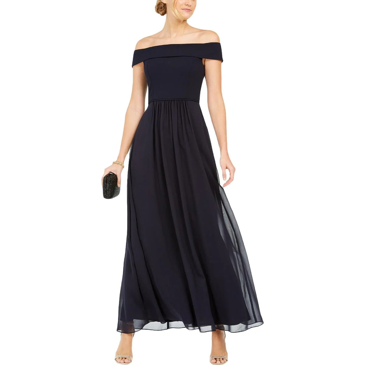 11317 Navy crepe off shoulder bodice. A line chiffon skirt.