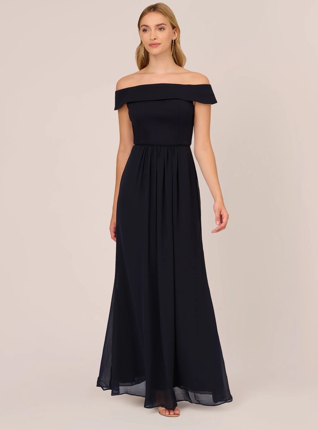 11317 Navy crepe off shoulder bodice. A line chiffon skirt.