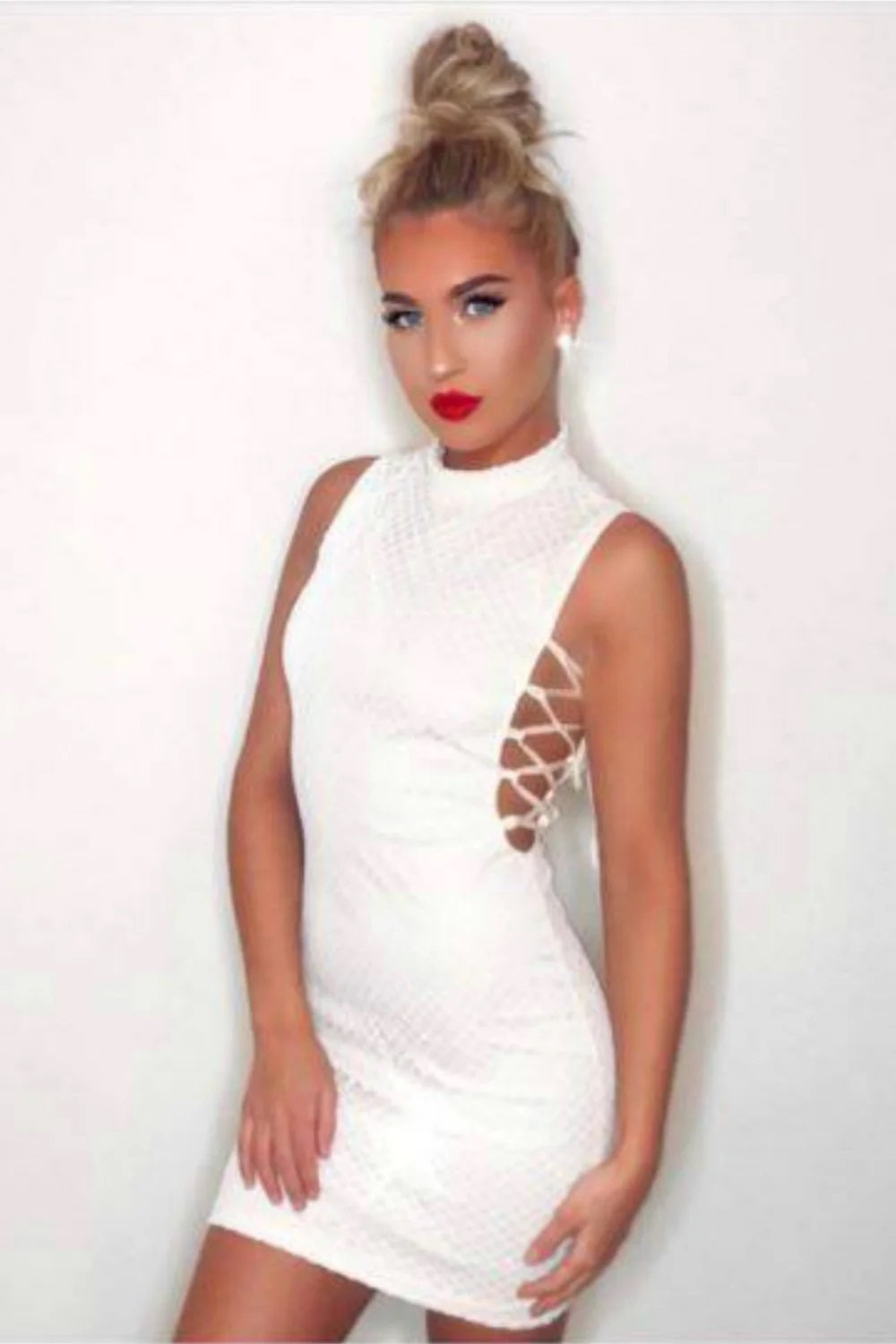 11331- White & Nude High Neck Tie Side Shimmer Sparkle Mini Dress.