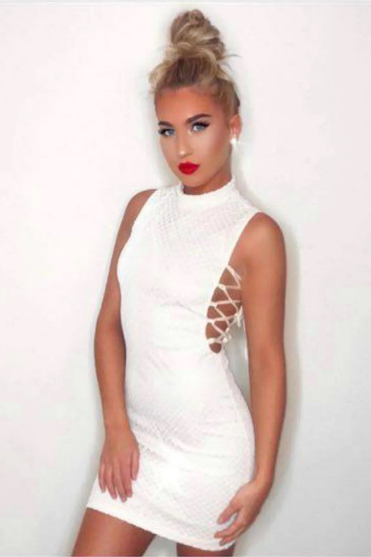 11331- White & Nude High Neck Tie Side Shimmer Sparkle Mini Dress.