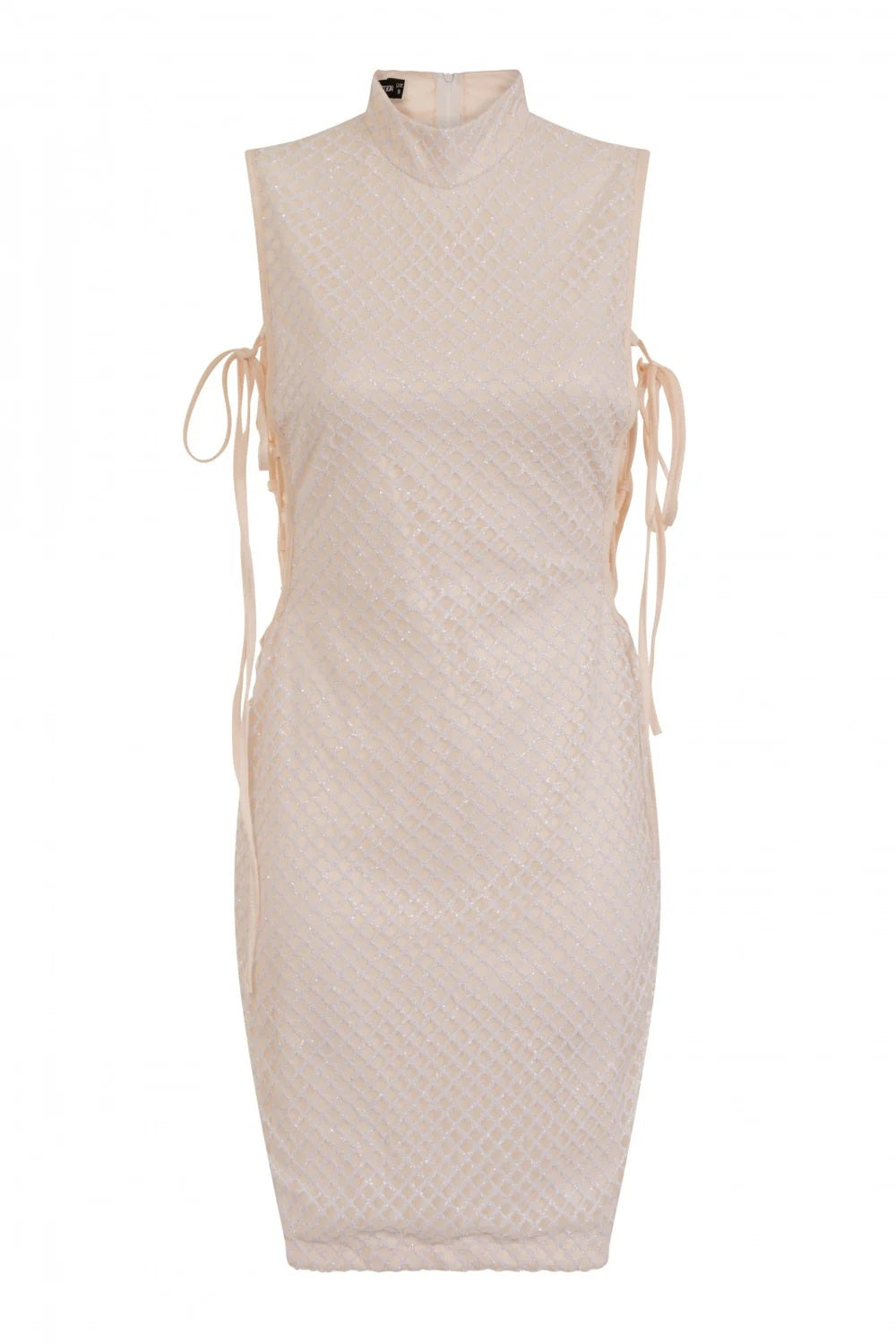 11331- White & Nude High Neck Tie Side Shimmer Sparkle Mini Dress.