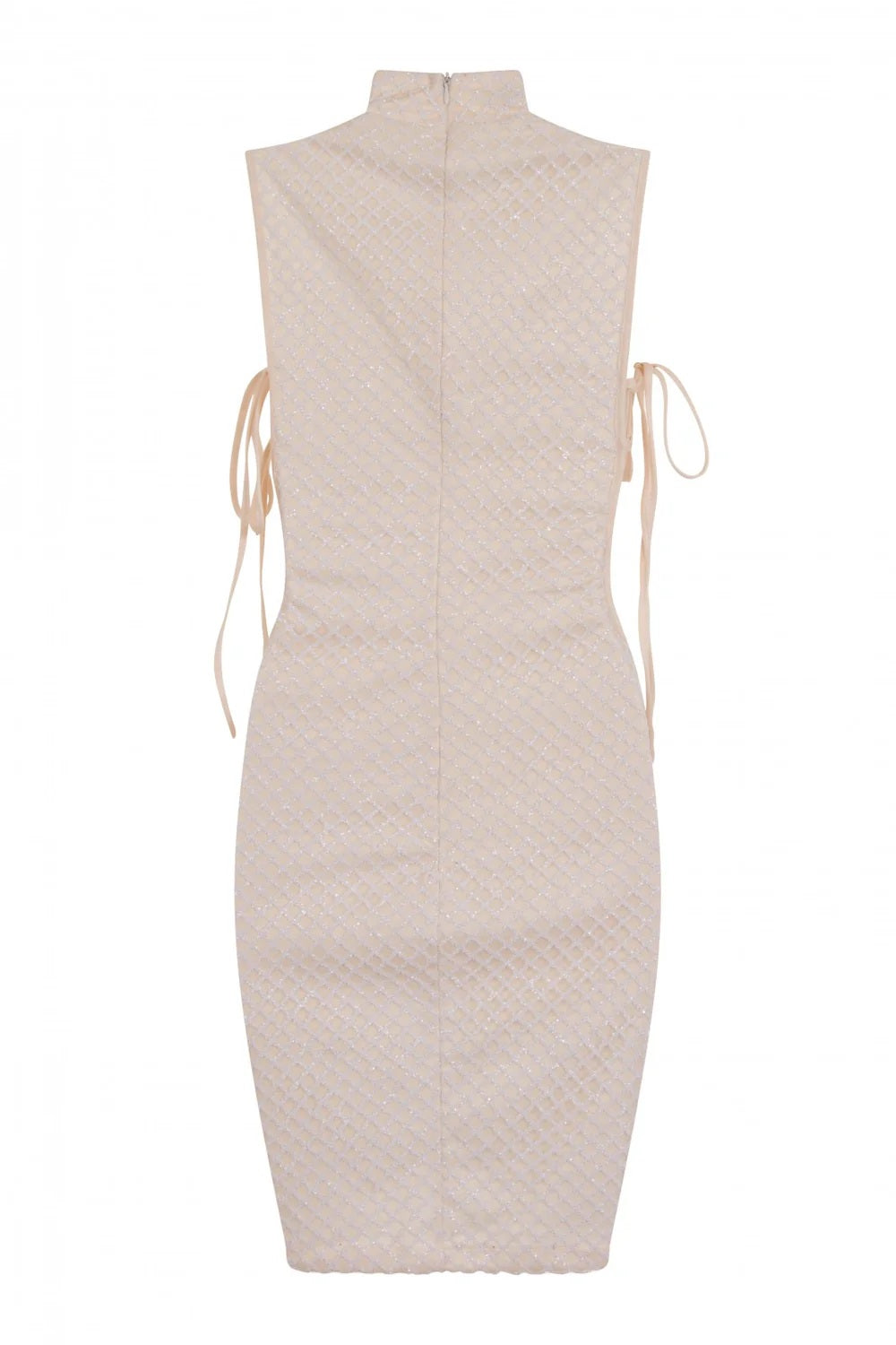 11331- White & Nude High Neck Tie Side Shimmer Sparkle Mini Dress.