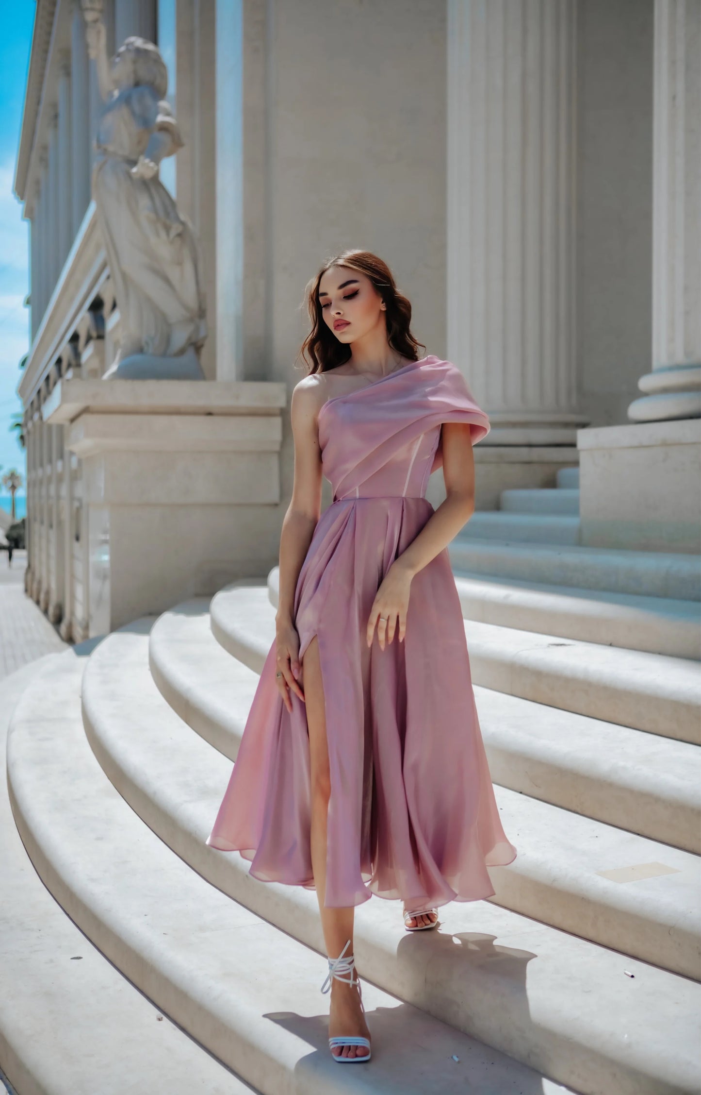 11377 TK315 Silky organza/satin, one shoulder Tea length.