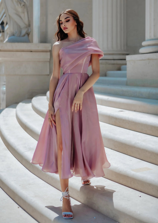 11377 TK315 Silky organza/satin, one shoulder Tea length.