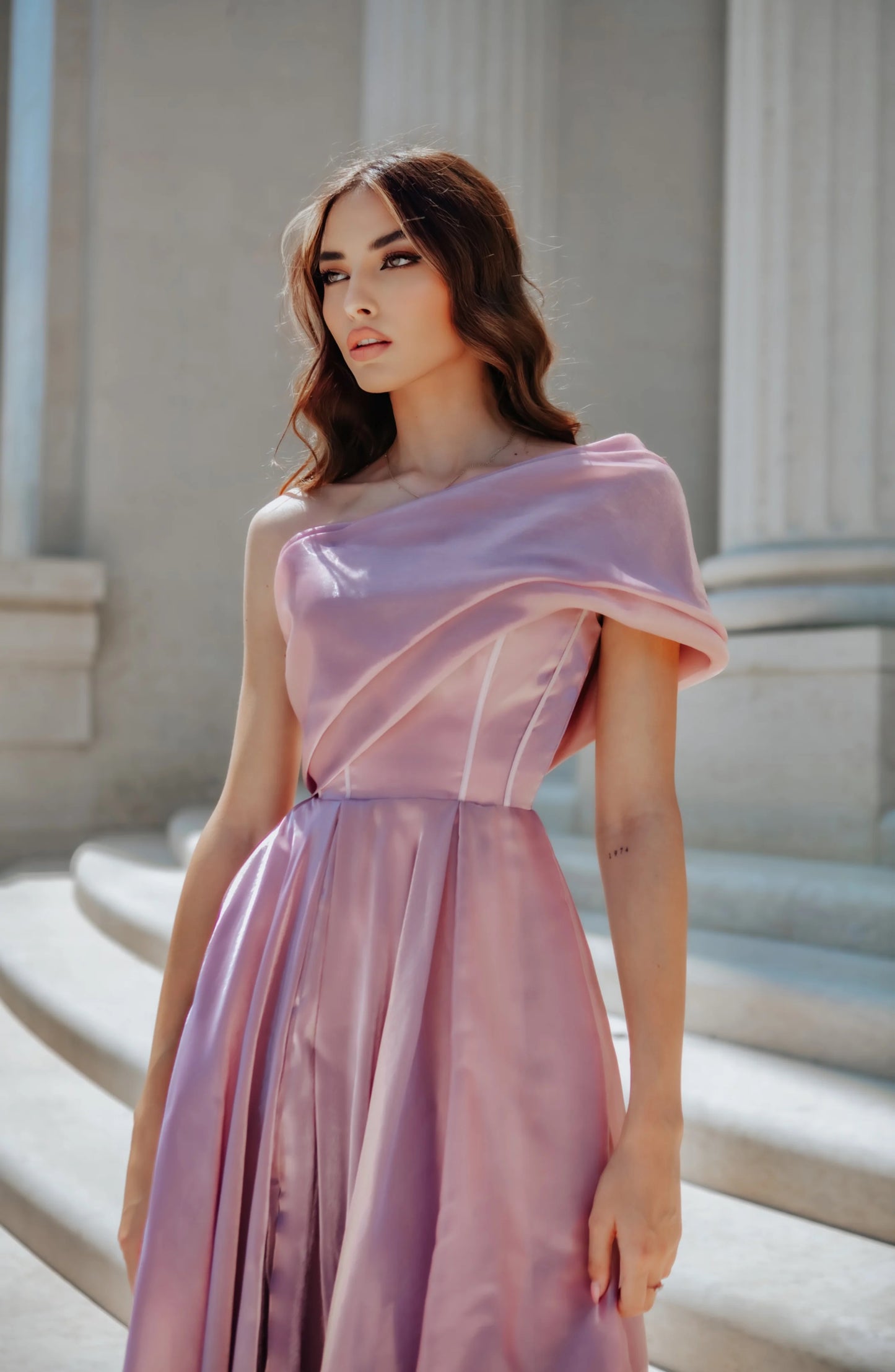 11377 TK315 Silky organza/satin, one shoulder Tea length.